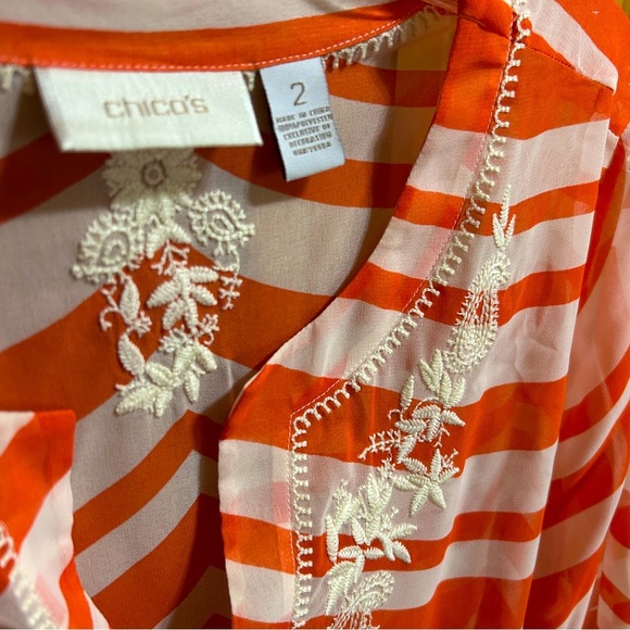 Chico’s large (2), orange/peachy, white embroidery, and black stripes at edge - Picture 2 of 7